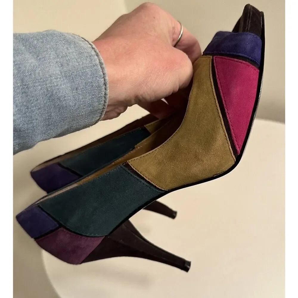 Nine West Kaspiao‎ Open Toe Suede High Heel Dopamine Patchwork Size 8M Y2K - Picture 16 of 16